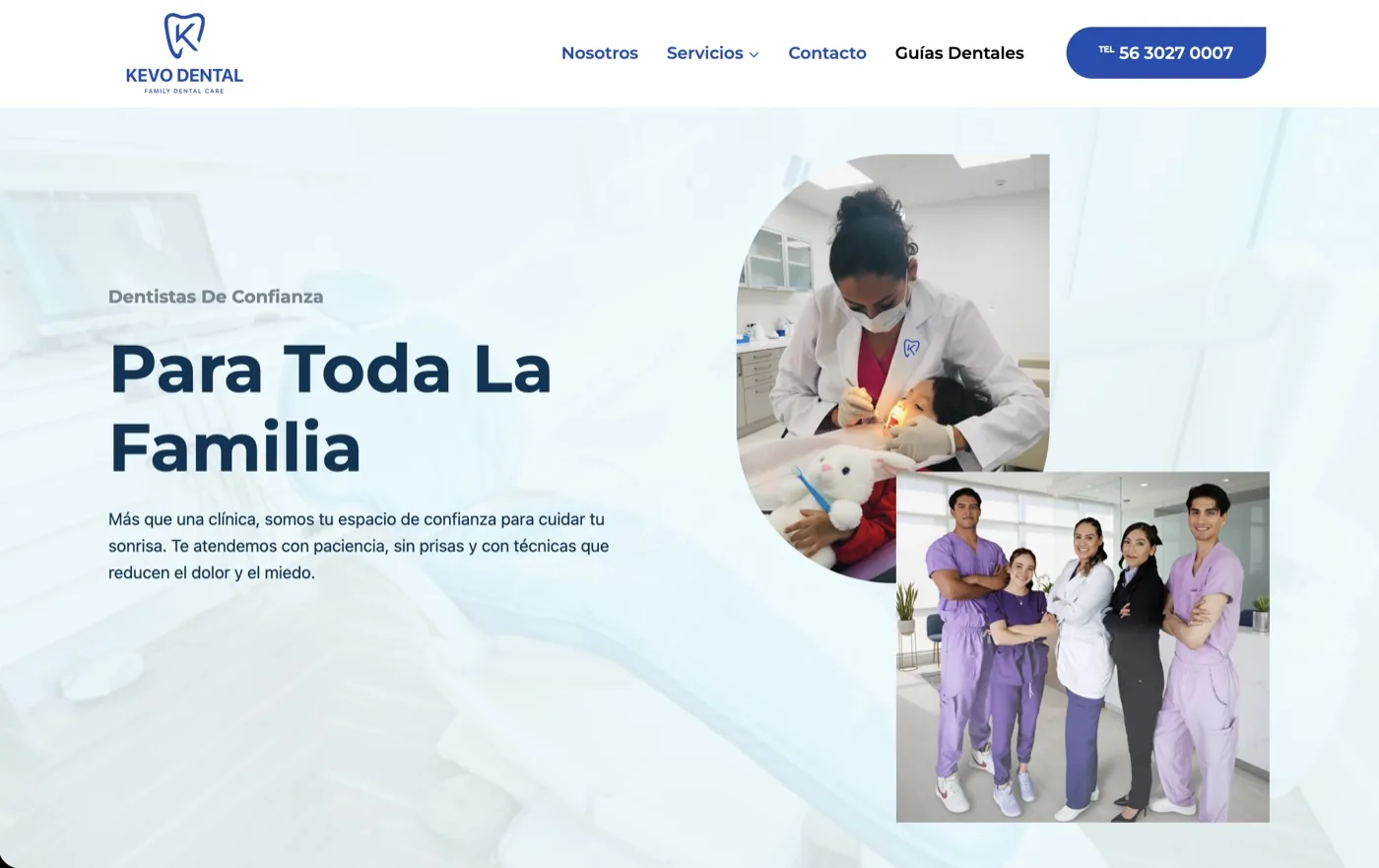 Sitio web de Kevo Dental aplicando la nueva identidad, mensaje y sistema de imagen
