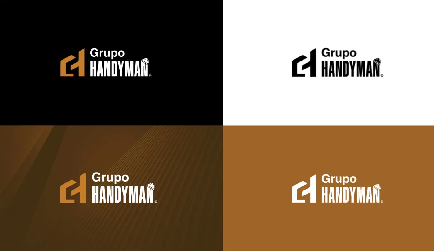 Logotipo completo de Grupo Handyman sobre fondos claro, oscuro y de marca