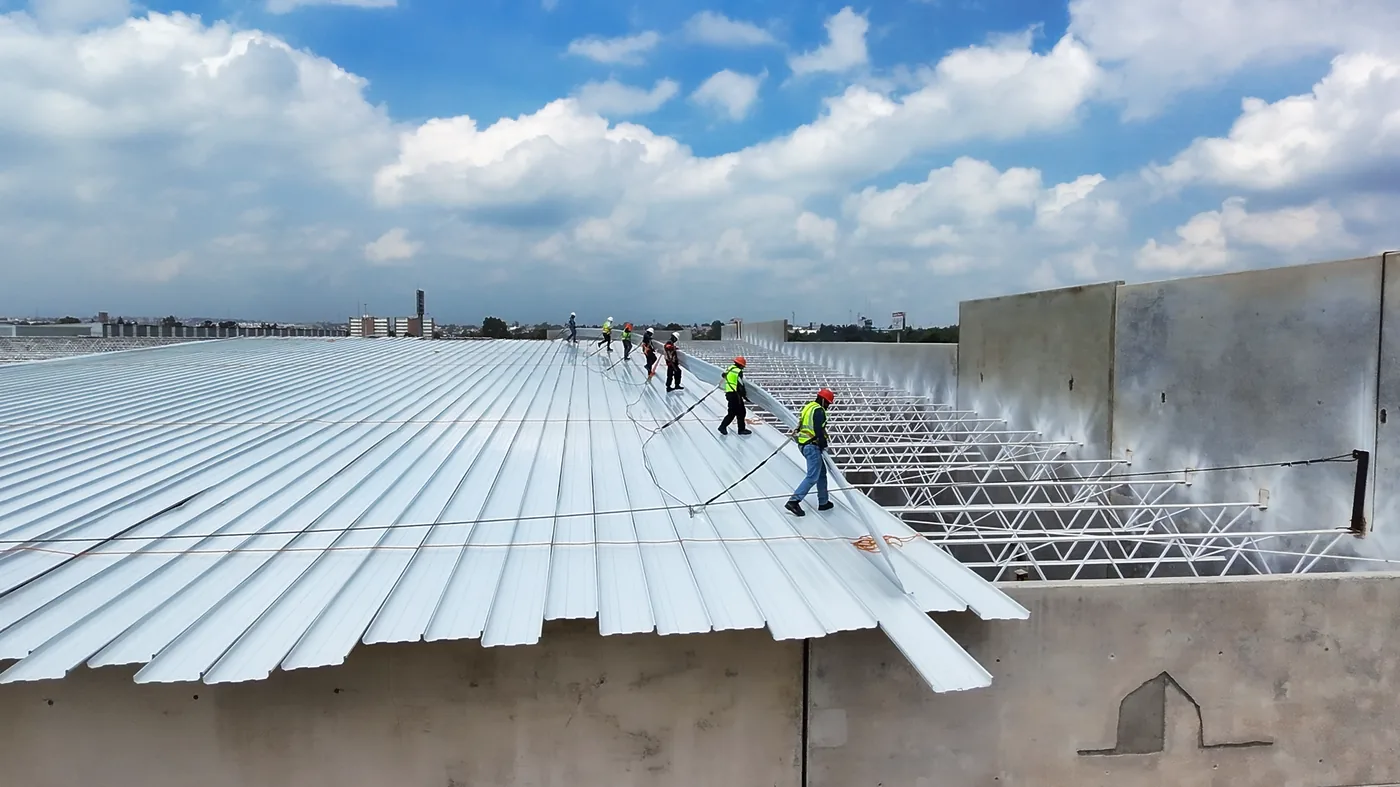 Roof crew, shot from the air